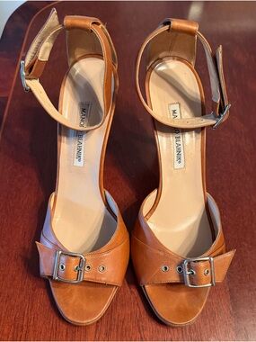 Manolo Blahnik Tan Leather Buckle Ankle-Strap Sandals